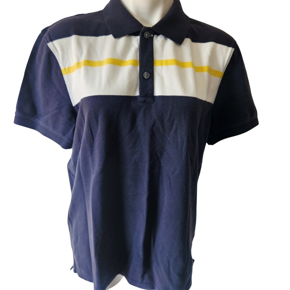 Banana Republic Mens Fitted Polo navy blue body with yellow strip Cotton blend L